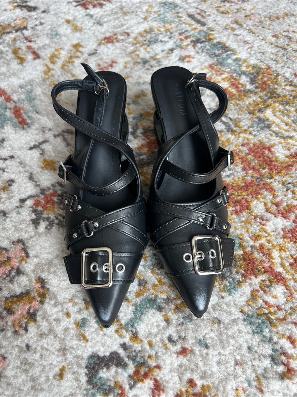 Pointed Black Buckle-Strap Slingback Heels